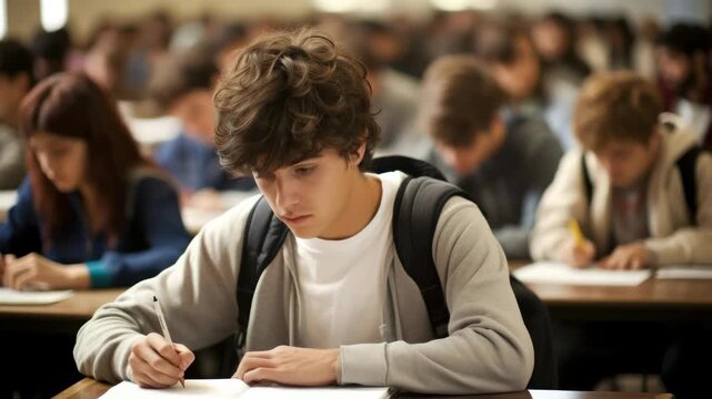 A focused student writes in a classroom setting, captured from a front angle. The video portrays a studious atmosphere with blurred peers in the background.