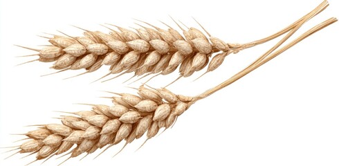 Two tan wheat stalks with full grains on a white background, angled towards upper right