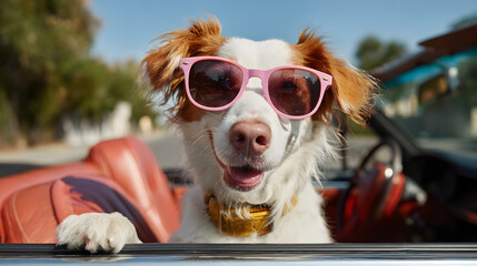 Happy dog wearing sunglasses in a convertible car on a sunny day