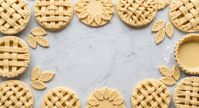 Arrangement of uncooked pie crusts with lattice and leaf designs on marble background, showcasing culinary art, baking skills, and freshness; free space