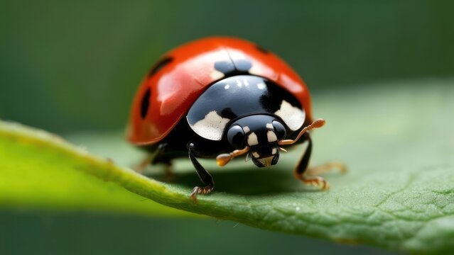 A vibrant red ladybug with black spots rests on a lush green leaf in a detailed close-up shot.