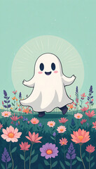 Happy Cute Ghost Character Walking in Colorful Flower Field Whimsical Pastel Cartoon Halloween Illustration with Playful Nature Background