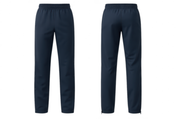 Elegant navy blue track pants with snap closures, isolated on transparent background
