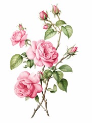 Fototapeta premium Watercolor bush with pink flowers roses and buds, vintage floral illustration for design and print.