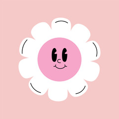 Happy cute daisy. Funny smiling flower, adorable kawaii face expression, joyful cheerful emoji with positive emotion.