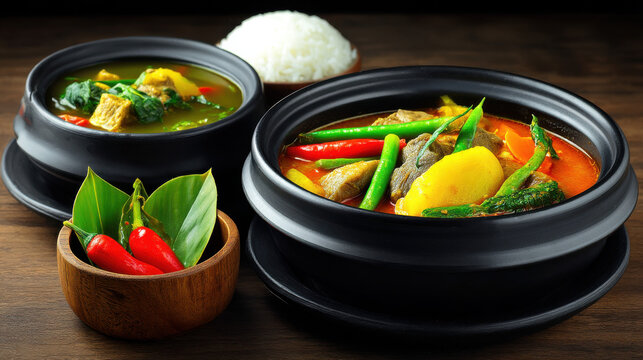 An inviting view of two bowls holding savory Filipino dishes, sinigang and laing, alongside fresh chili peppers and a mound of fluffy white rice ready to be served.