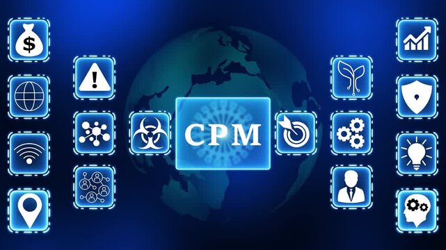 Digital marketing C P M icons on globe background with financial growth and business strategy symbols representing online advertising success and global reach