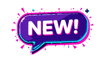 Vibrant Digital 'NEW!' Text in a Glowing Purple Speech Bubble with Neon Glitch Effect and Pink-Blue Accents for Social Media Marketing and Product Launch Announcement