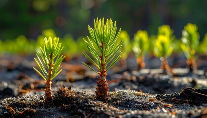 Vibrant Young Pine Saplings Glowing in Warm Sunlight on Forest Floor, Symbolizing New Life and Growth.