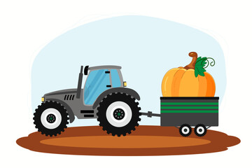 Tractor and pumpkin. Harvest. Thanksgiving. Agricultural fair. Farmers market. Autumn time. Vector illustration