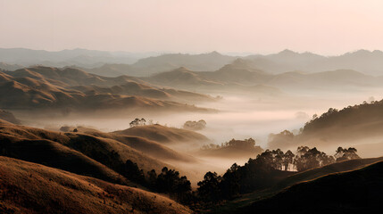 Obraz premium Rolling hills and valleys blanketed in morning mist under a soft, warm light.