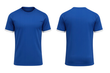 Blue t-shirt with short sleeves isolated on transparent background, front and back