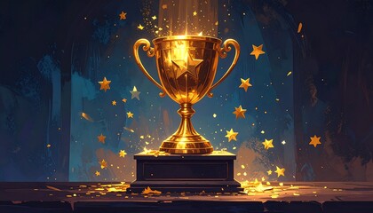 Victorious Golden Trophy Illuminated by a Magical Shower of Glowing Stars and Light.
