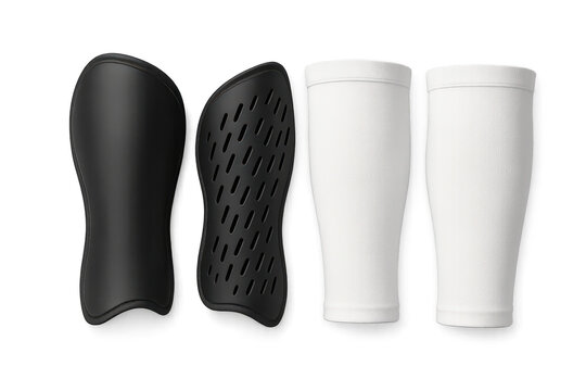 Black soccer shin guards and white sleeves isolated on transparent backdrop