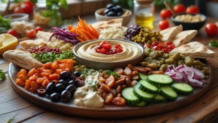 Colorful mezze platter with hummus, vegetables, and pita bread