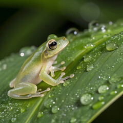 Obraz premium Tiny transparent frog perched on a wet green leaf with water droplets