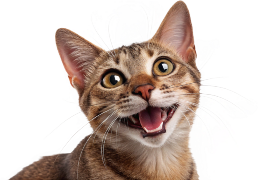 Transparent background photo of a smiling calico cat. Cute. Adorable. Joyful. Satisfied. Happy.