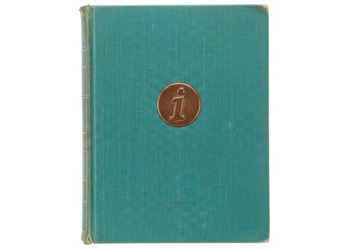 Vintage teal book with copper information symbol isolated, antique hardcover book for reading