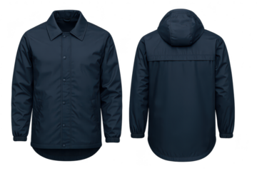Navy blue coach jacket with hood isolated on transparent background view front and back