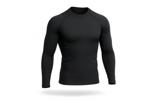 Black long sleeve compression shirt isolated on transparent background, athletic