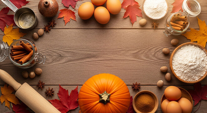 Aerial shot of baking ingredients, including pumpkin and spices on wood, showcasing the baking process or autumn harvest concept, free space