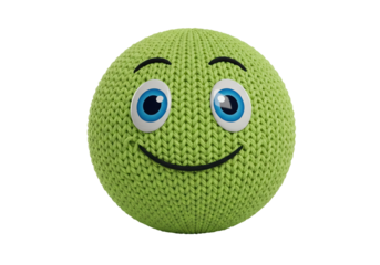 Knitted green smiley face isolated on white, cute emoji with big eyes and happy expression