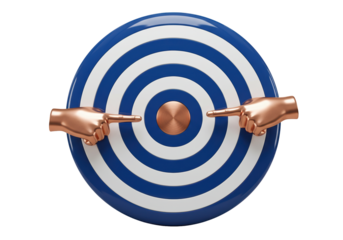 Blue and white target with pointing hands isolated on transparent background, business goal concept