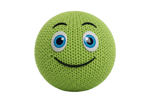 Knitted green smiley face isolated on white, cute emoji with big eyes and happy expression - Powered by Adobe