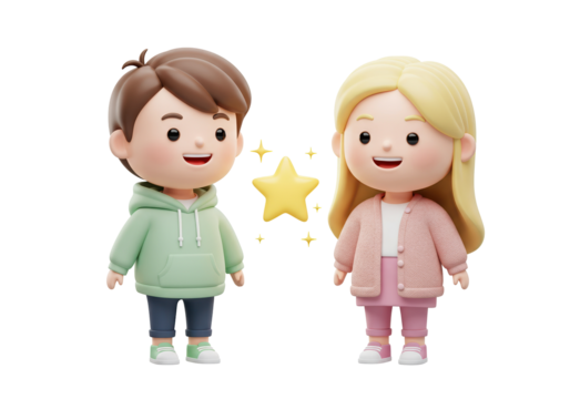 Cute cartoon boy and girl 3D characters isolated PNG, friendship and childhood concept