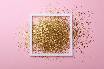 Square white frame on pink background filled with gold glitter, scattering outward