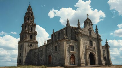 Fototapeta premium Weathered stone cathedral with tall spire against a blue, cloudy sky