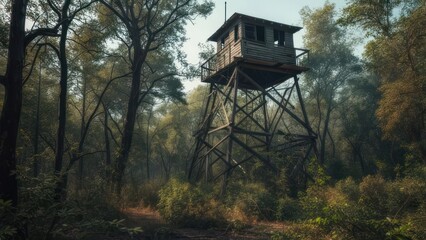 Wooden watchtower stands amidst a dense forest, path leading towards it under a hazy sky