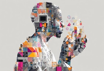Human silhouette merges with digital elements representing information flow & technology