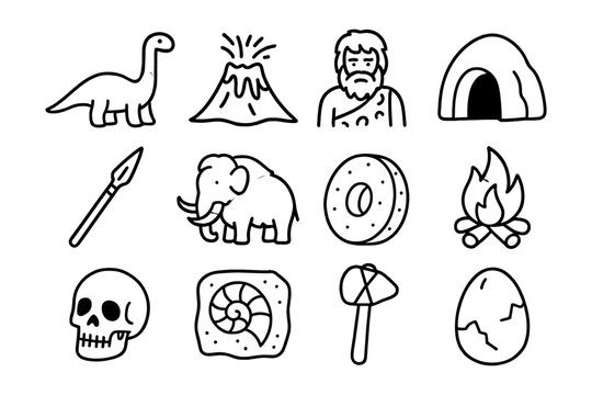 Simple prehistoric icons: caveman, dinosaurs, mammoth, volcano, fire, and tools