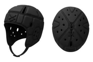 Black leather vintage football helmet isolated on transparent background view