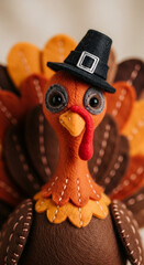 Close-up of a felt turkey wearing a pilgrim hat, showcasing autumnal colors and textures, representing Thanksgiving traditions and festive decoration