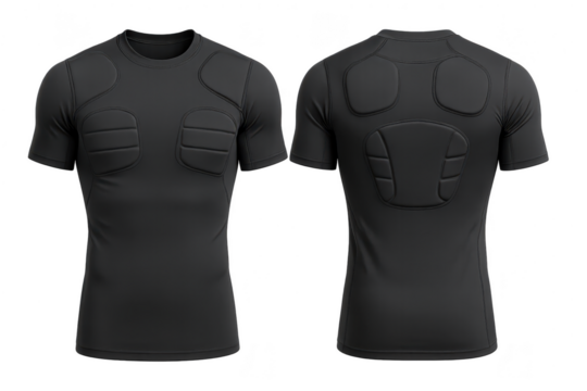 Black padded compression shirt isolated on transparent background, front and back