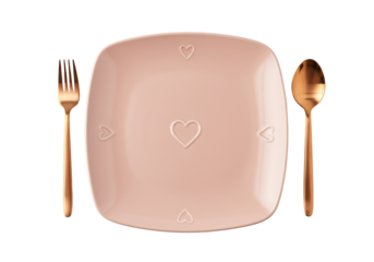 Pink square plate with heart design isolated, golden fork and spoon on white background