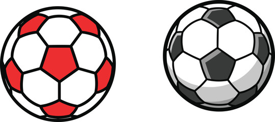 Soccer balls illustration, black white football, red soccer ball, sport equipment design, football training icon, soccer game vector art © MST. HOSNE