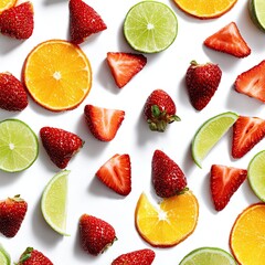 Overhead shot of colorful, fresh fruit scattered on a white surface. Limes, oranges, and strawberries
