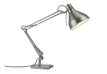 Silver adjustable architect desk lamp isolated, metal task light for office or home PNG