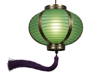 Green Chinese lantern with purple tassel isolated, traditional Asian hanging lamp decoration