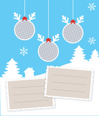 Christmas composition with 3 round Christmas balls with deer antler and trees. Two empty wavy cards for text. Photo frame Holiday collage. Vector Mockup, Postcard, collage, banner, poster. EPS10