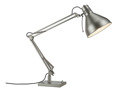 Silver adjustable architect desk lamp isolated, metal task light for office or home PNG