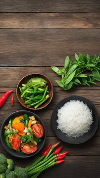A delectable spread of vibrant Thai green curry, fresh basil, rice, and peppers is arranged on a rustic wooden table, showcasing a culinary delight.