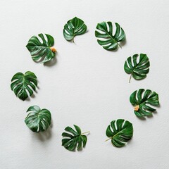 Circle of vibrant green leaves on white textured background, with a blank space in center