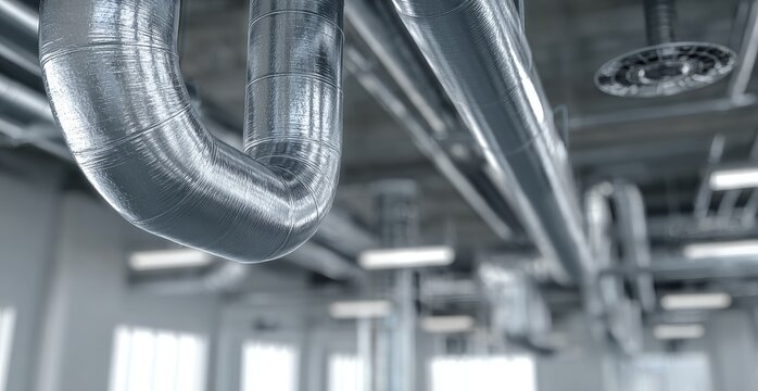 Shiny, silver pipes curve across a ceiling, part of a ventilation or industrial system