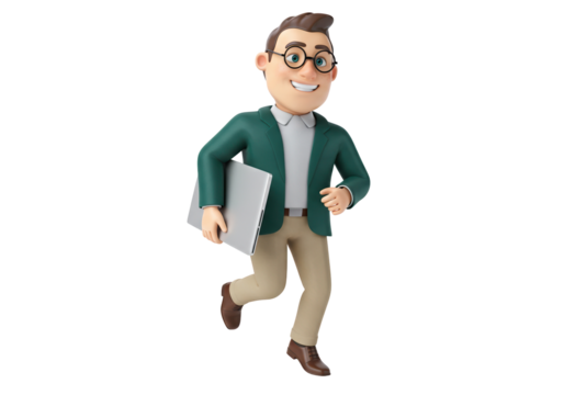 Smiling cartoon businessman running with laptop isolated PNG, 3D character in a hurry