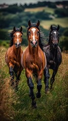 Fototapeta premium Three horses run toward viewer in field of tall grass; distant hills