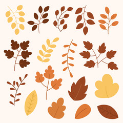 Flat vector illustration of autumn leaves in warm brown, orange, and yellow colors, perfect for November, fall season, and Thanksgiving design themes